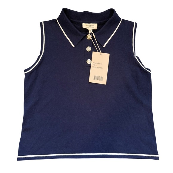 La Vila Milano Tops - La Vila Milano Womens Navy Blue Knit Sleeveless Polo Top Silver Crest Buttons S